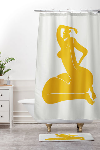 Little Dean Curvy nude in yellow Shower Curtain And Mat