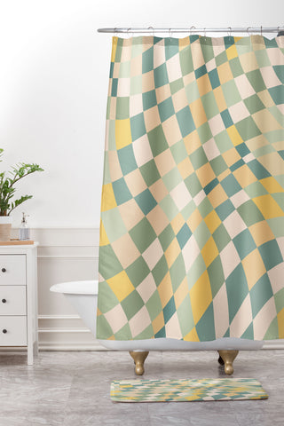 Little Dean Olive green checkered twist Shower Curtain And Mat