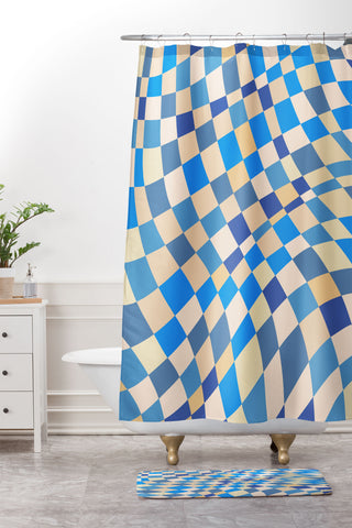Little Dean Retro blue checkered pattern Shower Curtain And Mat