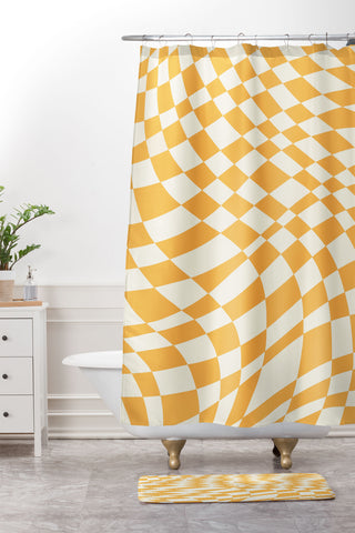 Little Dean Yellow and white checker twist Shower Curtain And Mat