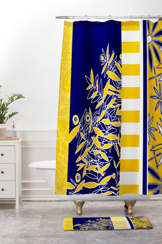 Madart Inc. Blue And Yellow Florals Shower Curtain And Mat