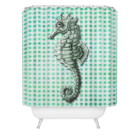 Madart Inc. Green Seahorse Gingham Pattern Shower Curtain