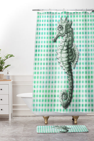 Madart Inc. Green Seahorse Gingham Pattern Shower Curtain And Mat