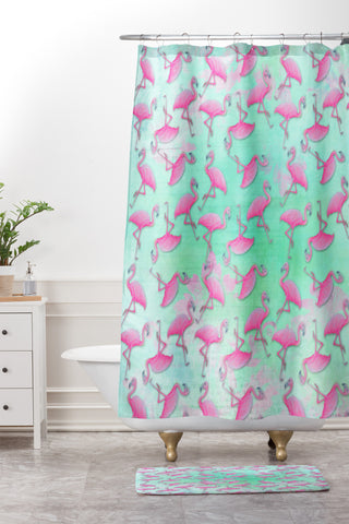 Madart Inc. Pink and Aqua Flamingos Shower Curtain And Mat