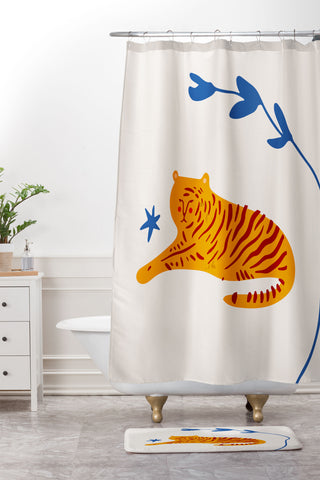 Mambo Art Studio Tiger and Leaf Shower Curtain And Mat