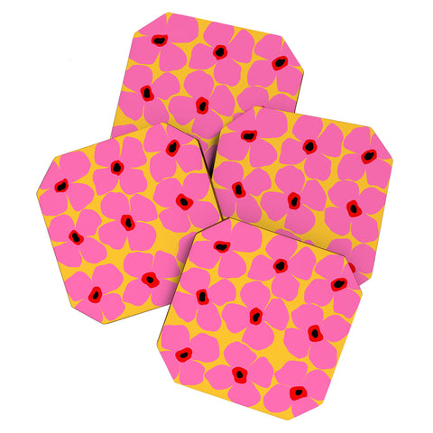 Maritza Lisa Abstract Pink Flowers With Yellow Coaster Set