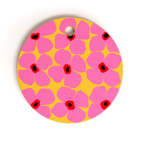 Maritza Lisa Abstract Pink Flowers With Yellow Cutting Board Round