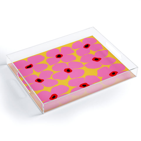 Maritza Lisa Abstract Pink Flowers With Yellow Acrylic Tray