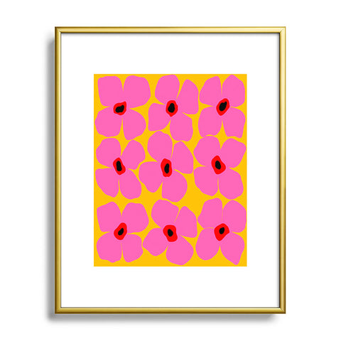 Maritza Lisa Abstract Pink Flowers With Yellow Metal Framed Art Print