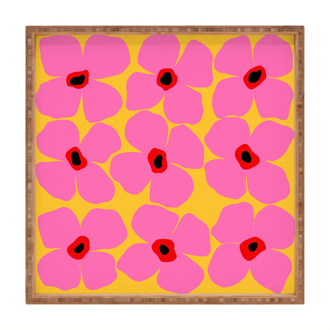 Maritza Lisa Abstract Pink Flowers With Yellow Square Tray