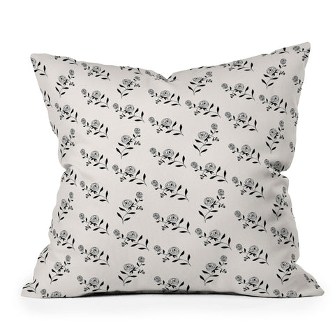 Maritza Lisa Abstract Rose Pattern Black and Ivory Outdoor Throw Pillow