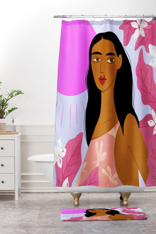 Maritza Lisa Girl With Pink Sun Shower Curtain And Mat