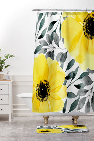 Marta Barragan Camarasa Big yellow watercolor flowers Shower Curtain And Mat