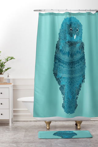 Martin Bunyi Owl Blue Shower Curtain And Mat