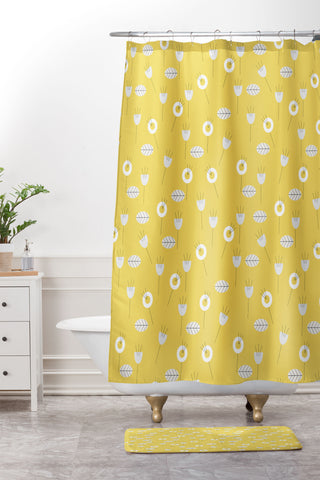 Mirimo Minimal Floral Yellow Shower Curtain And Mat