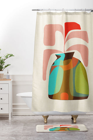 Mirimo Vase with Red Plant Shower Curtain And Mat