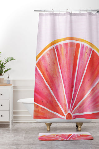 Modern Tropical Sunny Grapefruit Watercolor Shower Curtain And Mat