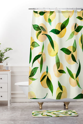 Modern Tropical Sunny Lemon Print Yellow Shower Curtain And Mat