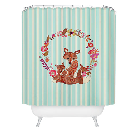 Monika Strigel Fox And Flowers And Blue Stripes Shower Curtain