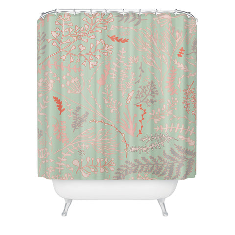 Monika Strigel HERBS AND FERNS GREEN AND CORAL Shower Curtain