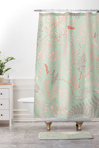 Monika Strigel HERBS AND FERNS GREEN AND CORAL Shower Curtain And Mat