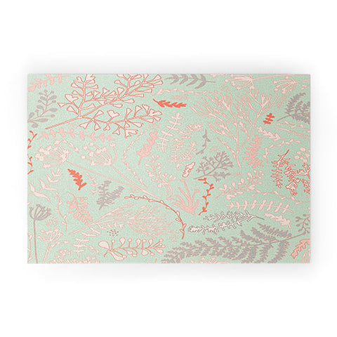 Monika Strigel HERBS AND FERNS GREEN AND CORAL Welcome Mat
