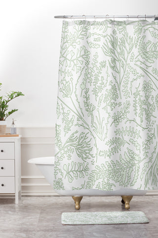 Monika Strigel HERBS AND FERNS GREEN AND WHITE Shower Curtain And Mat