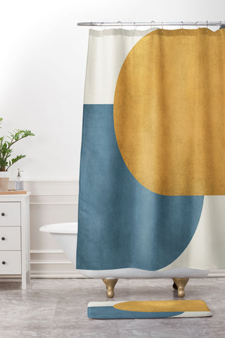 MoonlightPrint Halfmoon Colorblock Gold Blue Shower Curtain And Mat