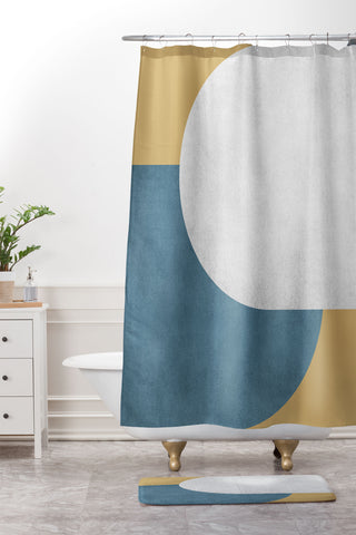 MoonlightPrint Halfmoon Colorblock White Blue on Gold Shower Curtain And Mat