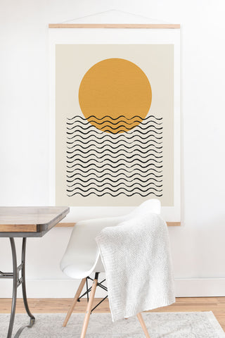 MoonlightPrint Ocean wave gold sunrise mid century Art Print And Hanger