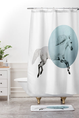 Morgan Kendall White Horse Shower Curtain And Mat