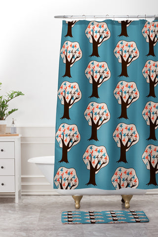 Mummysam Blue Vintage Trees Shower Curtain And Mat