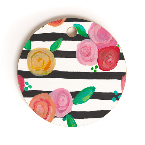 Natalie Baca Black Stripes and Blooms Cutting Board Round
