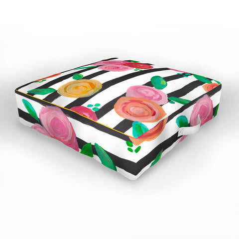 Natalie Baca Black Stripes and Blooms Outdoor Floor Cushion
