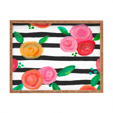 Natalie Baca Black Stripes and Blooms Rectangular Tray