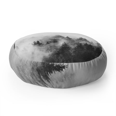Nature Magick Foggy Trees Black and White Floor Pillow Round