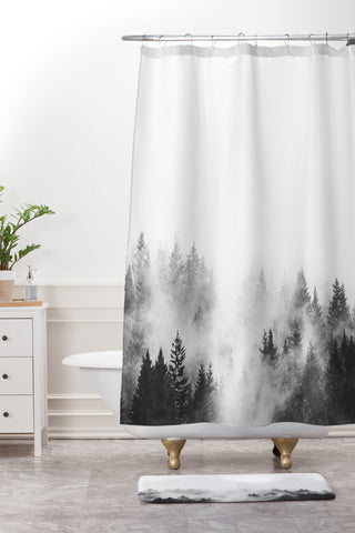 Nature Magick Foggy Trees Black and White Shower Curtain And Mat