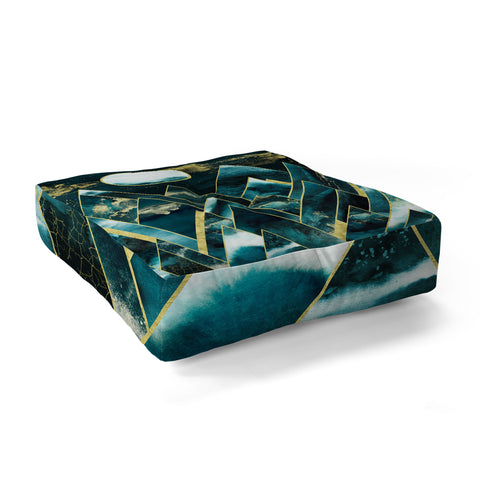 Nature Magick Gold Teal Geometric Mountains Floor Pillow Square
