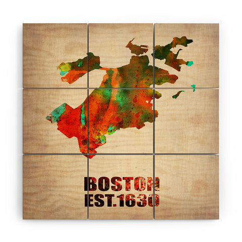 Naxart Boston Watercolor Map Wood Wall Mural