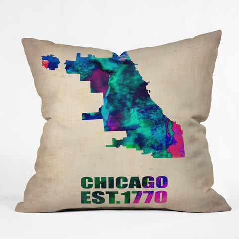 Naxart Chicago Watercolor Map Outdoor Throw Pillow
