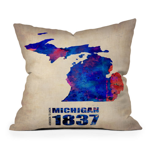 Naxart Michigan Watercolor Map Throw Pillow