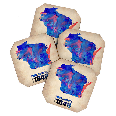 Naxart Wisconsin Watercolor Map Coaster Set