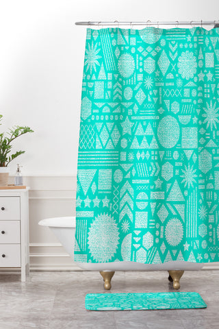 Nick Nelson Modern Elements In Turquoise Shower Curtain And Mat