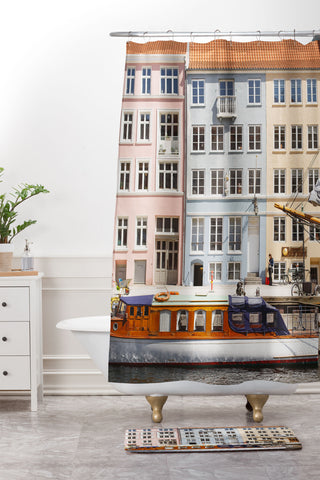 Ninasclicks Copenhagen Pastel Nyhavn houses and boat Shower Curtain And Mat
