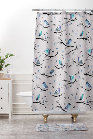 Ninola Design Birds Tree Snow Gray Shower Curtain And Mat