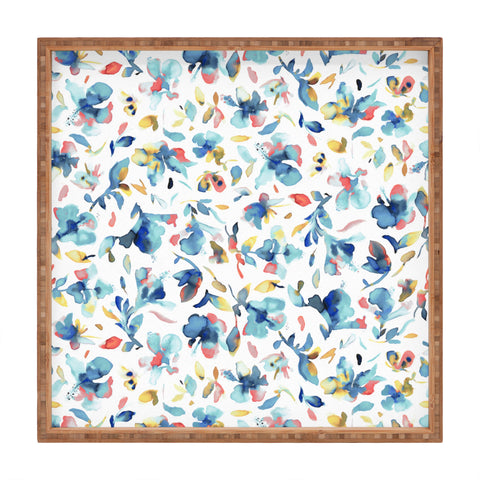 Ninola Design Blue Watercolor Hibiscus Floral Square Tray