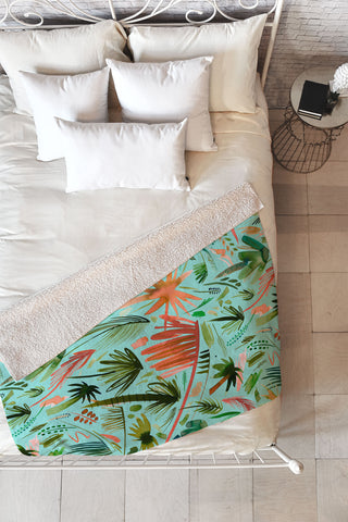 Ninola Design Brushstrokes Palms Turquoise Fleece Throw Blanket
