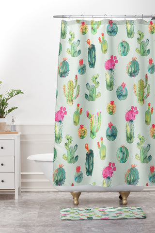 Ninola Design Cacti succulent plants Green Shower Curtain And Mat
