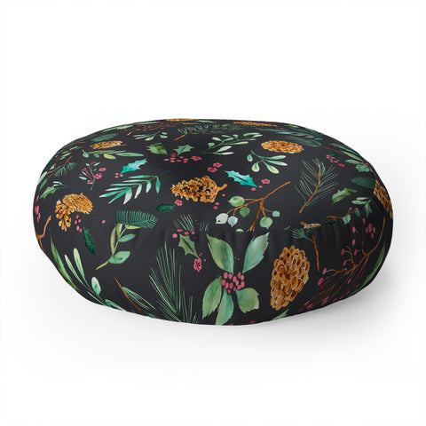 Ninola Design Christmas botanical charcoal Floor Pillow Round