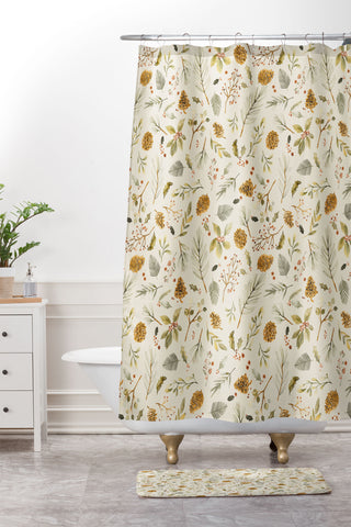 Ninola Design Christmas holiday botanical Shower Curtain And Mat